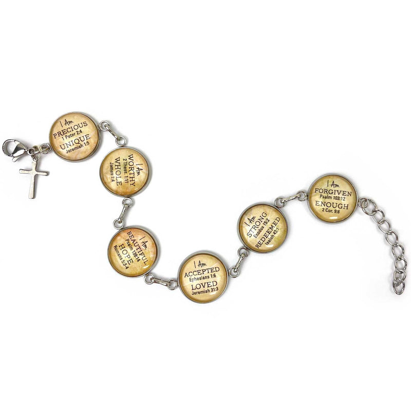I AM Precious, Strong, Unique, Beautiful, Worthy, Loved, Enough, Whole, Hope, Accepted, Redeemed, Forgiven– Christian Affirmations Scripture Charm Bracelet