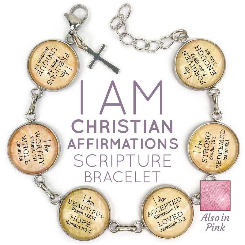 I AM Precious, Strong, Unique, Beautiful, Worthy, Loved, Enough, Whole, Hope, Accepted, Redeemed, Forgiven– Christian Affirmations Scripture Charm Bracelet