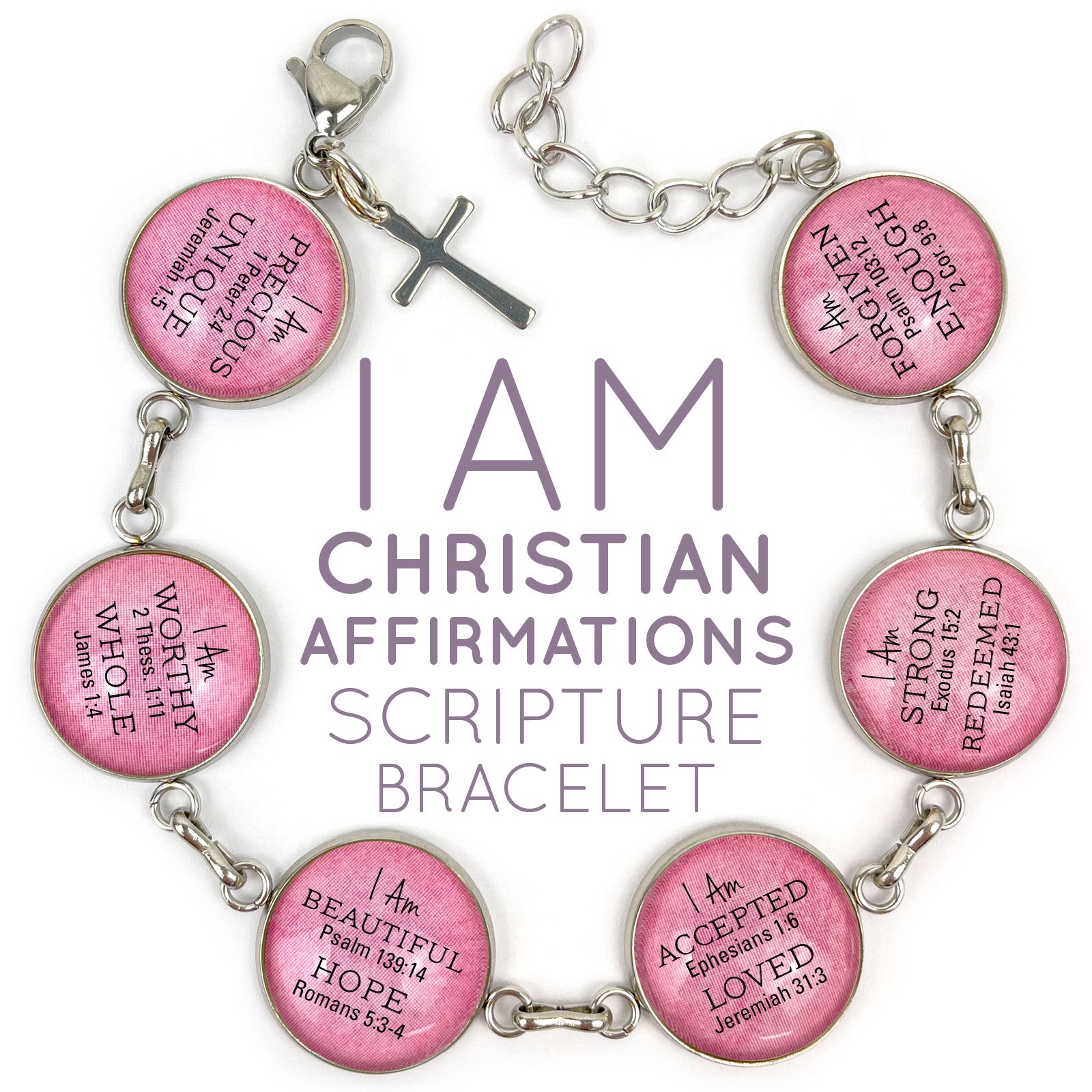 I AM Precious, Strong, Unique, Beautiful, Worthy, Loved, Enough, Whole, Hope, Accepted, Redeemed, Forgiven– Christian Affirmations Scripture Charm Bracelet