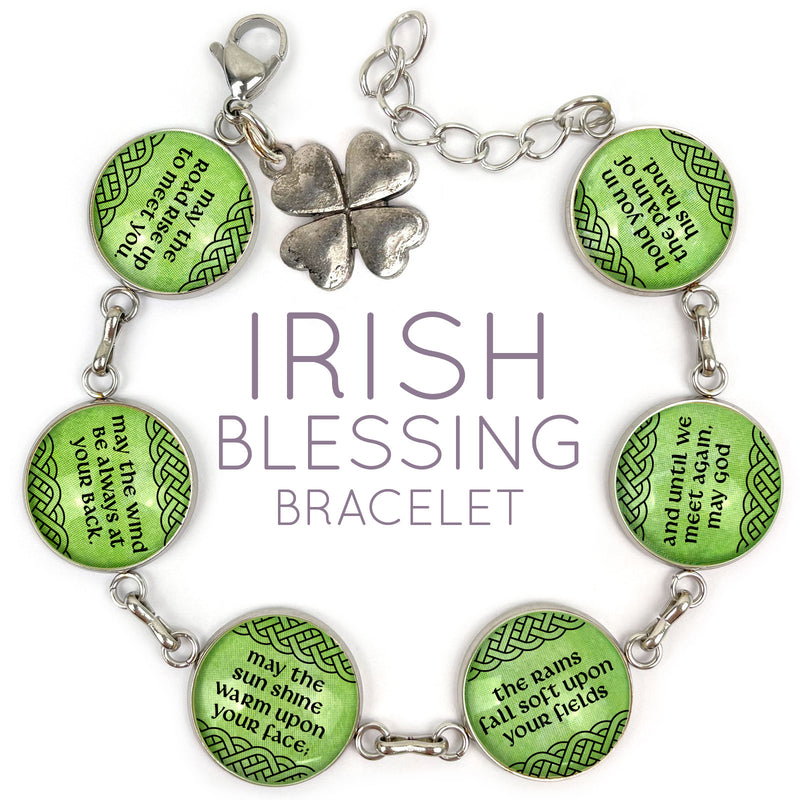 Irish Blessing Charm Bracelet – Stainless Steel Bracelet with Four Leaf Clover Charm