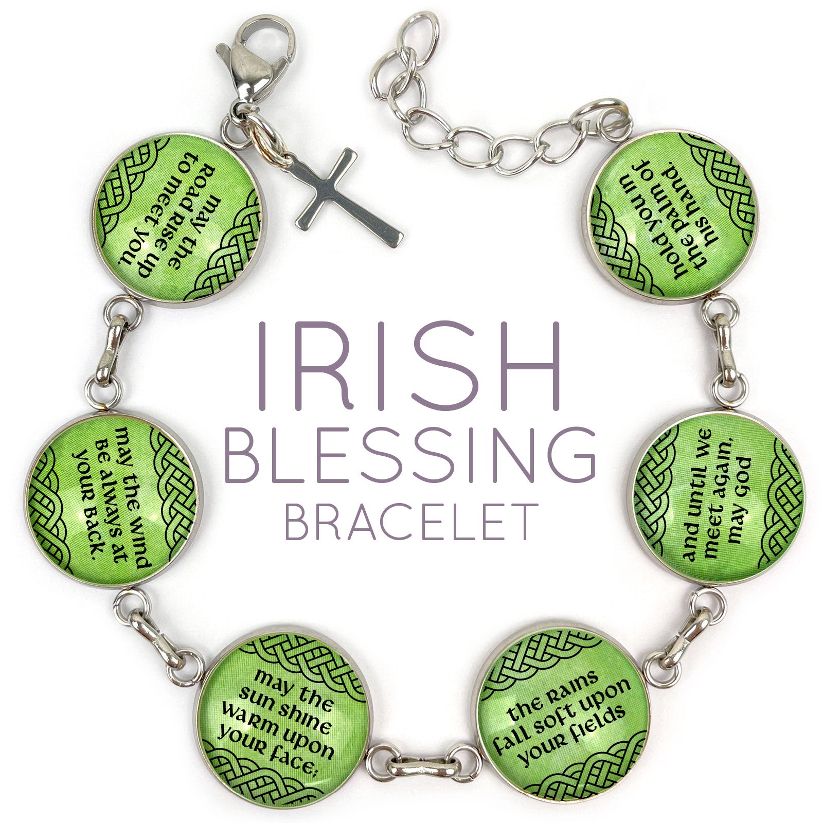 Irish Blessing Charm Bracelet – Stainless Steel or Silver-Plated Bracelet with Celtic Rose Design