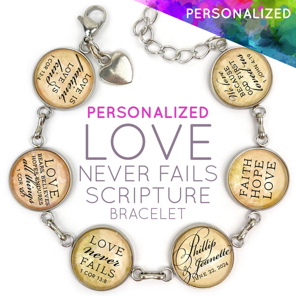 Love Never Fails - Personalized Love & Marriage Scripture Bracelet – Wedding & Anniversary Glass Charm Stainless Steel Christian Bracelet