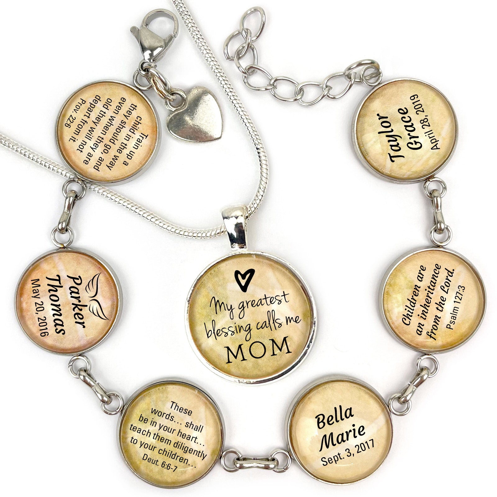 Personalized Mothers' Scripture Bracelet & Silver-Plated Christian Pendant Necklace Set – Personalized with Children's Names and Birth Dates!