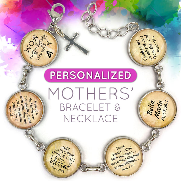Personalized Mothers' Scripture Bracelet & Christian Pendant Necklace Bracelet & My Greatest Blessings Necklace Set / Cross Charm