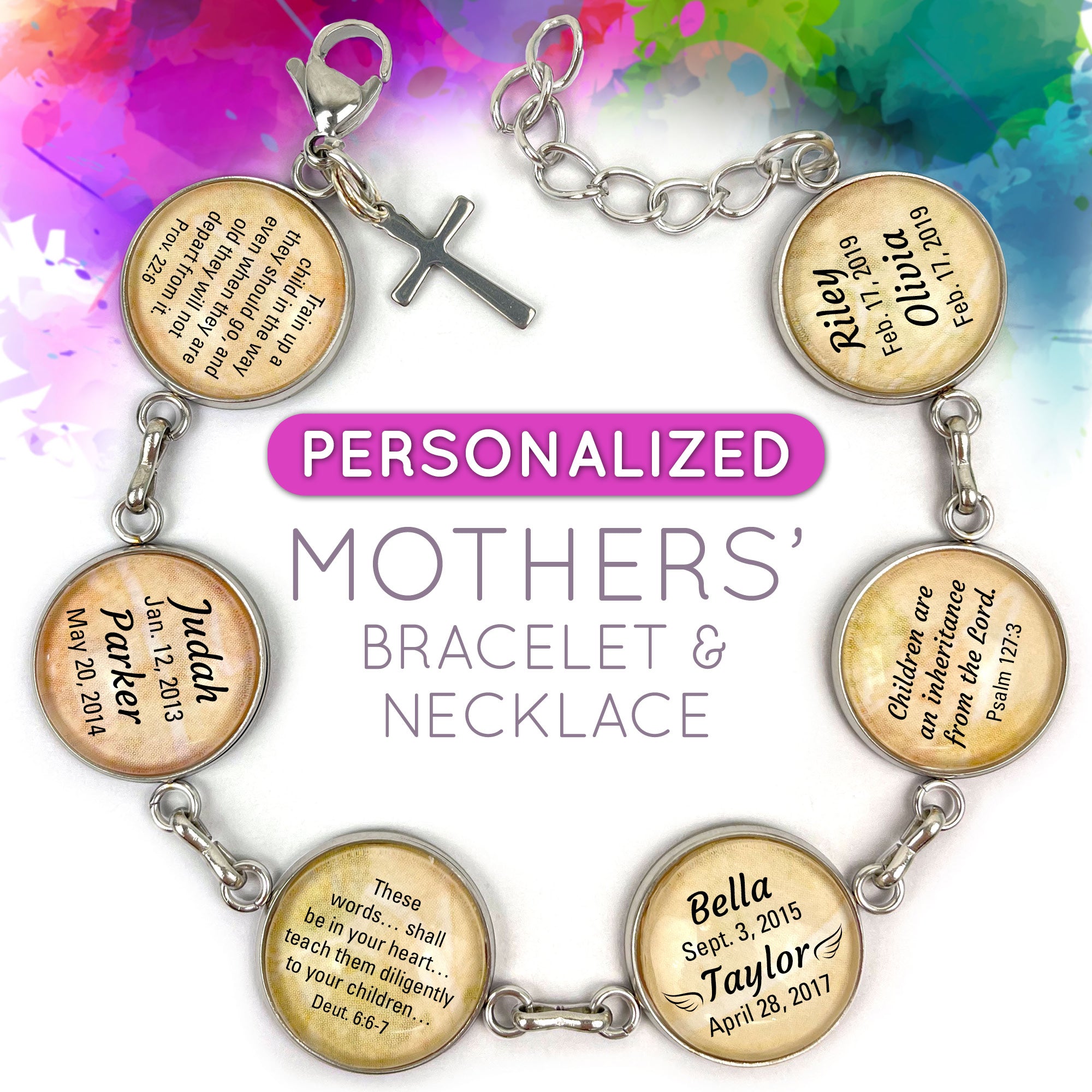 Personalized Mothers' Scripture Bracelet & Silver-Plated Christian Pendant Necklace Set – Personalized with Children's Names and Birth Dates!