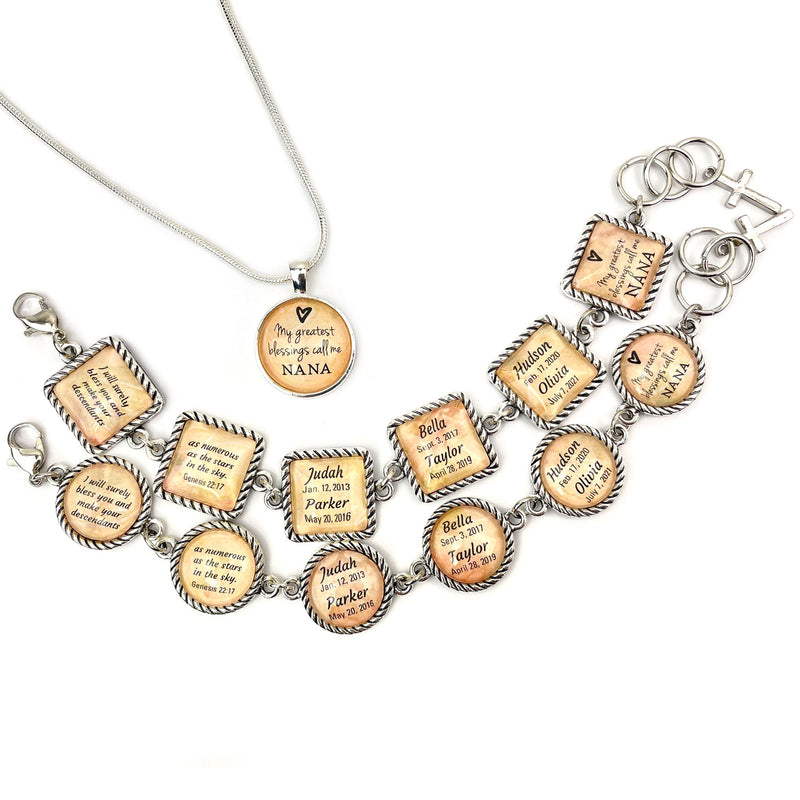 Personalized Grandmothers' Bracelets & Silver-Plated Christian Pendant Necklace Set – Feature Grandchildren's Names!