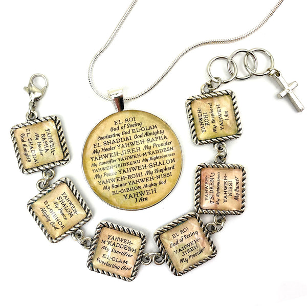 Names of GOD Glass Bracelet & Pendant Necklaces - Yahweh Hebrew Religious Jewelry Set - Square Antique Silver Twist Edge Design