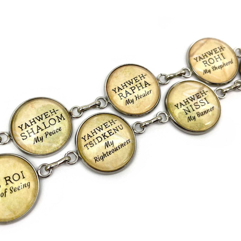 Names of God bracelets close up