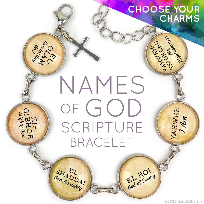 Names of GOD Yahweh Hebrew Scripture Charm Bracelet, Glass Stainless Steel