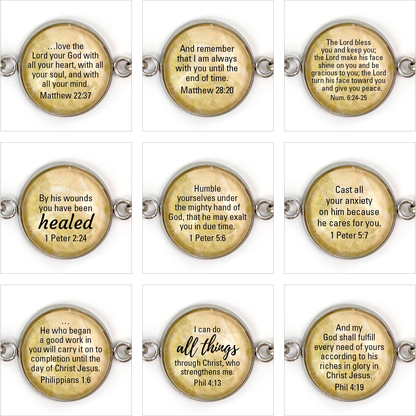 Over 60 popular Scripture verses to choose from! Keep the promises from God close to your heart. Our beautiful, silver-plated glass pendant necklaces feature the Bible verse that you love most! Scripture necklaces are a meaningful Christian gift for Confirmation, Baptism, First Communion, Graduation, Bat Mitzvah, or a Religious event.