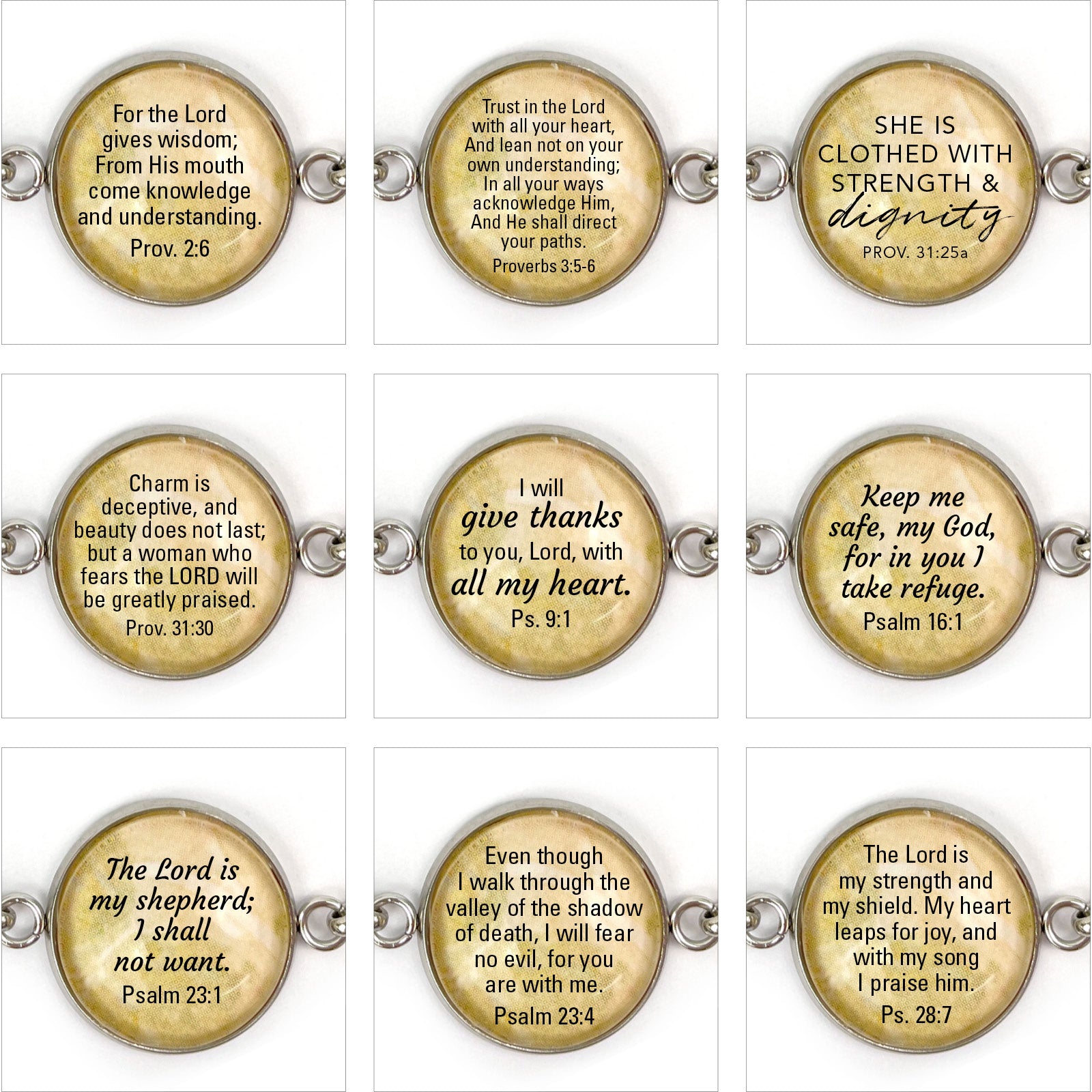 Over 60 popular Scripture verses to choose from! Keep the promises from God close to your heart. Our beautiful, silver-plated glass pendant necklaces feature the Bible verse that you love most! Scripture necklaces are a meaningful Christian gift for Confirmation, Baptism, First Communion, Graduation, Bat Mitzvah, or a Religious event.