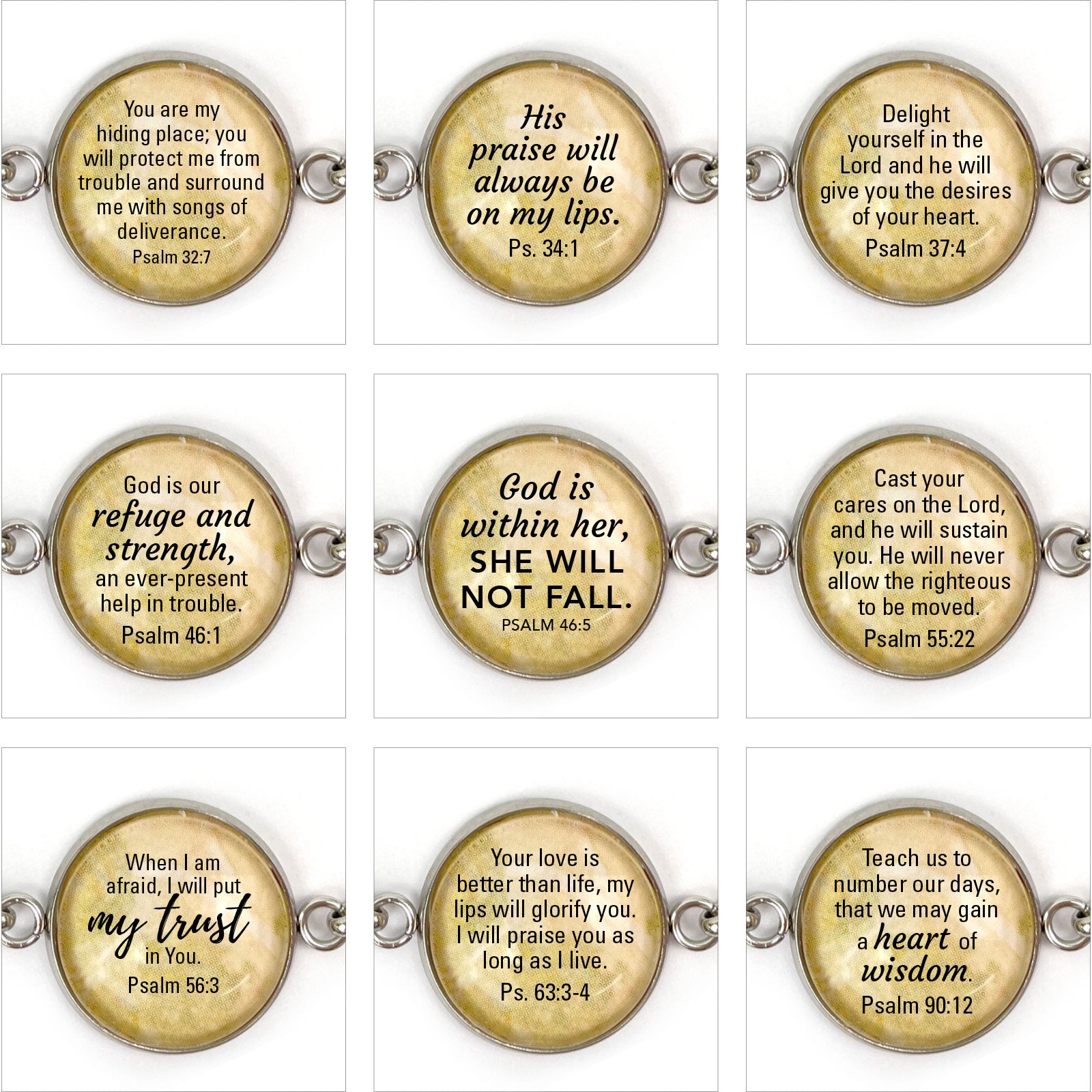 Over 60 popular Scripture verses to choose from! Keep the promises from God close to your heart. Our beautiful, silver-plated glass pendant necklaces feature the Bible verse that you love most! Scripture necklaces are a meaningful Christian gift for Confirmation, Baptism, First Communion, Graduation, Bat Mitzvah, or a Religious event.