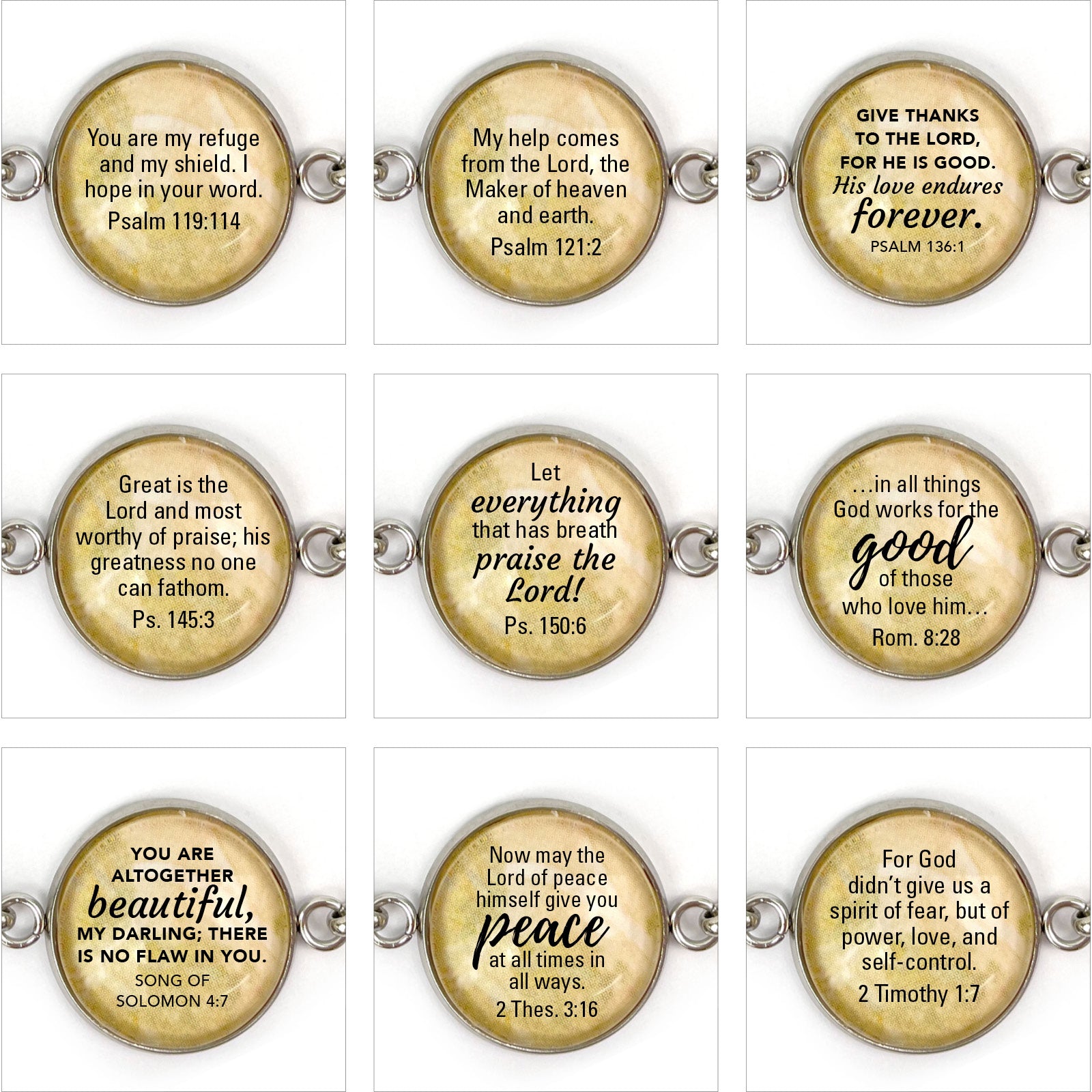 Over 60 popular Scripture verses to choose from! Keep the promises from God close to your heart. Our beautiful, silver-plated glass pendant necklaces feature the Bible verse that you love most! Scripture necklaces are a meaningful Christian gift for Confirmation, Baptism, First Communion, Graduation, Bat Mitzvah, or a Religious event.