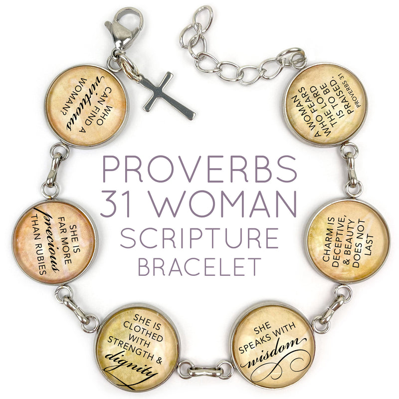 Proverbs 31 Woman Scripture Bracelet – Glass Charm Stainless Steel Bible Verse Bracelet, 7.5"-8.75"