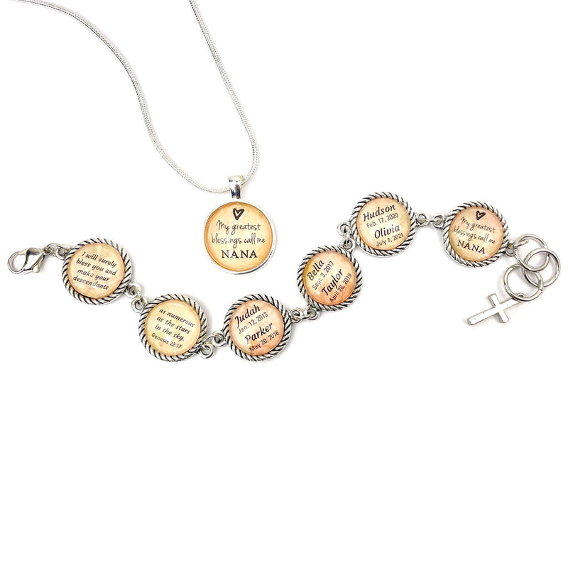 Personalized Grandmothers' Bracelets & Silver-Plated Christian Pendant Necklace Set – Feature Grandchildren's Names!
