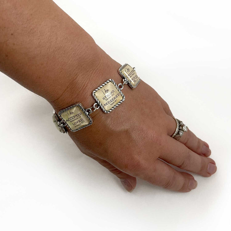 ScriptCharms Square Antique Silver Twist Edge Design Scripture Charm Bracelet on wrist