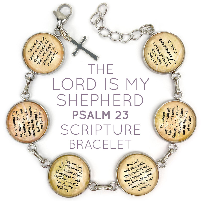 The Lord is My Shepherd Scripture Bracelet – Psalm 23 Glass Charm Stainless Steel Bible Verse Bracelet