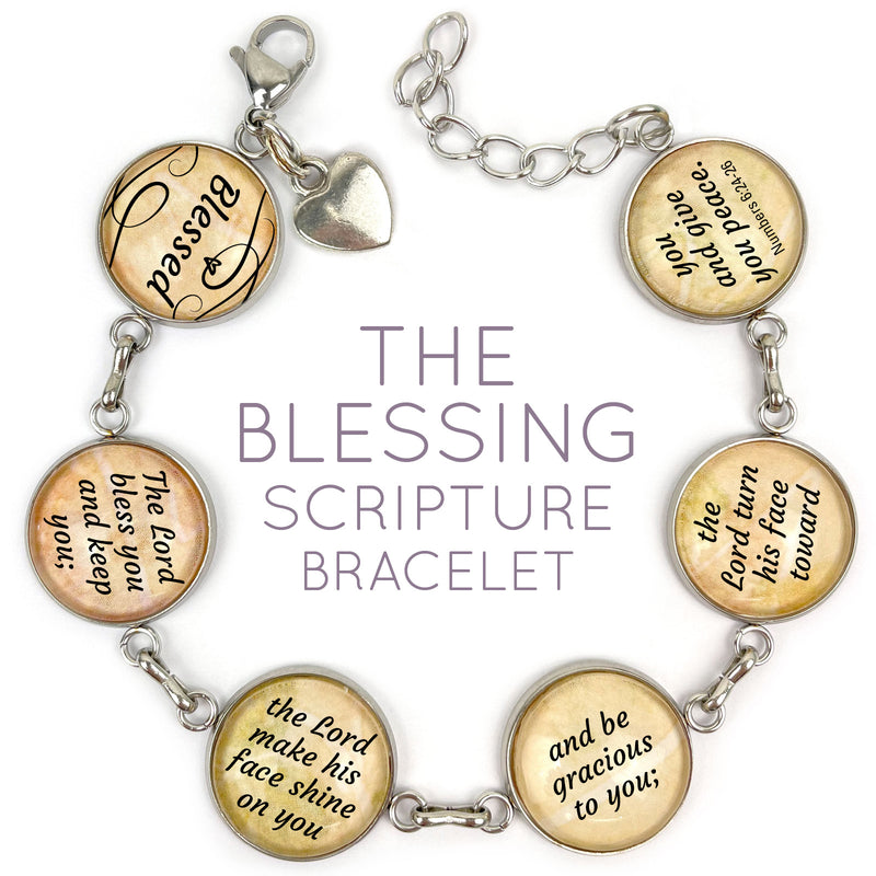 The Blessing Scripture Bracelet – Numbers 6 Glass Charm Stainless Steel Bible Verse Bracelet, 7.5"-8.75"