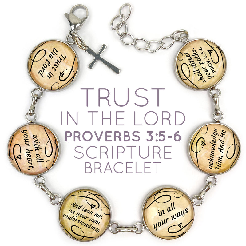"Trust In The Lord" Proverbs 3:5-6 Scripture Bracelet – Glass Charm Stainless Steel Bible Verse Bracelet
