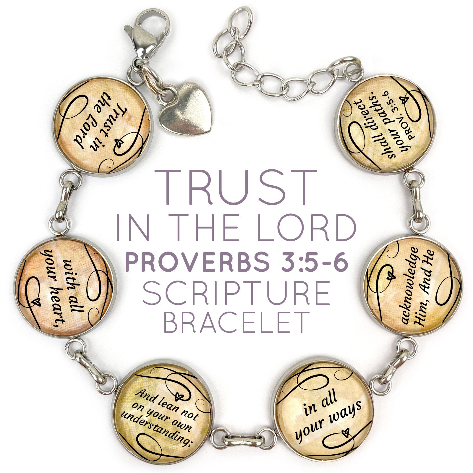 "Trust In The Lord" Proverbs 3:5-6 Scripture Bracelet – Glass Charm Stainless Steel Bible Verse Bracelet