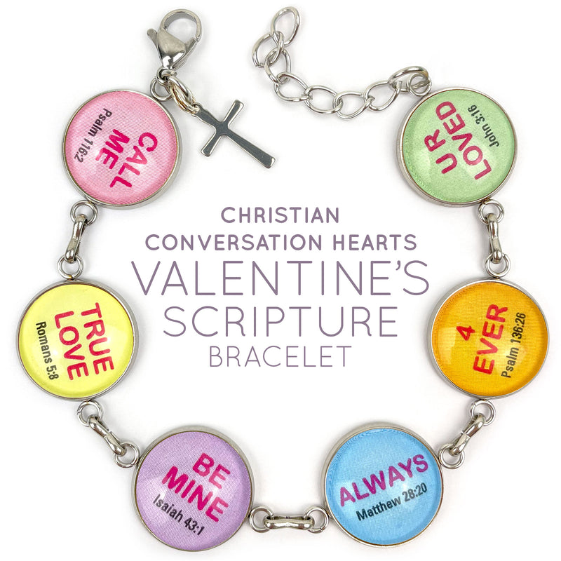 Christian Conversation Hearts Valentine's Scripture Bracelet – Glass Charm Stainless Steel Bible Verse Bracelet