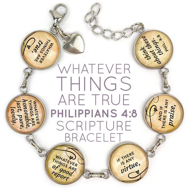 "Whatever Things are True" Philippians 4:8 Scripture Bracelet – Glass Charm Stainless Steel Bible Verse Bracelet