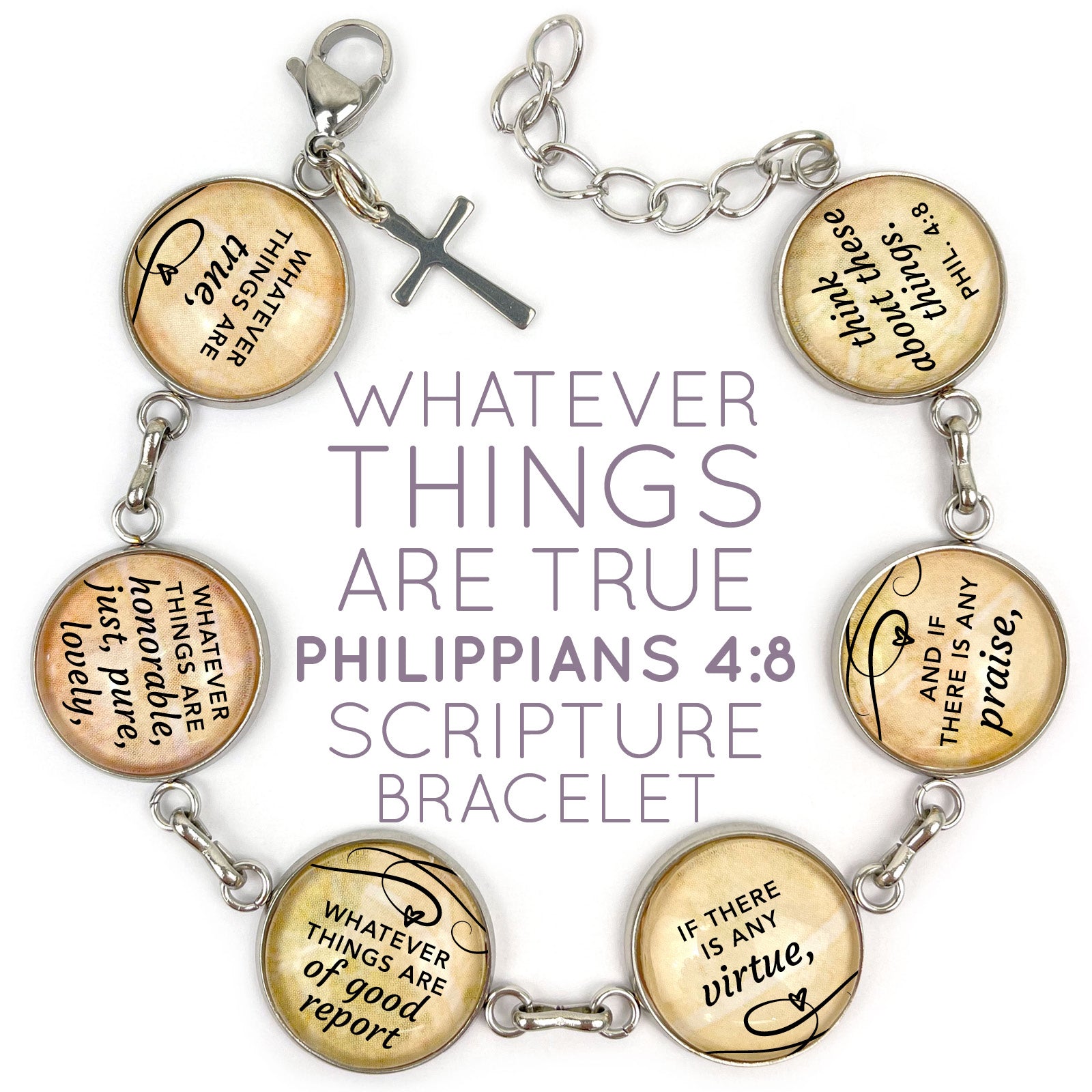 "Whatever Things are True" Philippians 4:8 Scripture Bracelet – Glass Charm Stainless Steel Bible Verse Bracelet