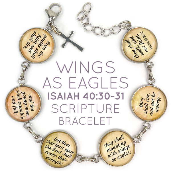 They Shall Mount Up With Wings as Eagles - Isaiah 40:30-31 Scripture Glass Charm Stainless Steel Bible Verse Bracelet, 7.5"-8.75"