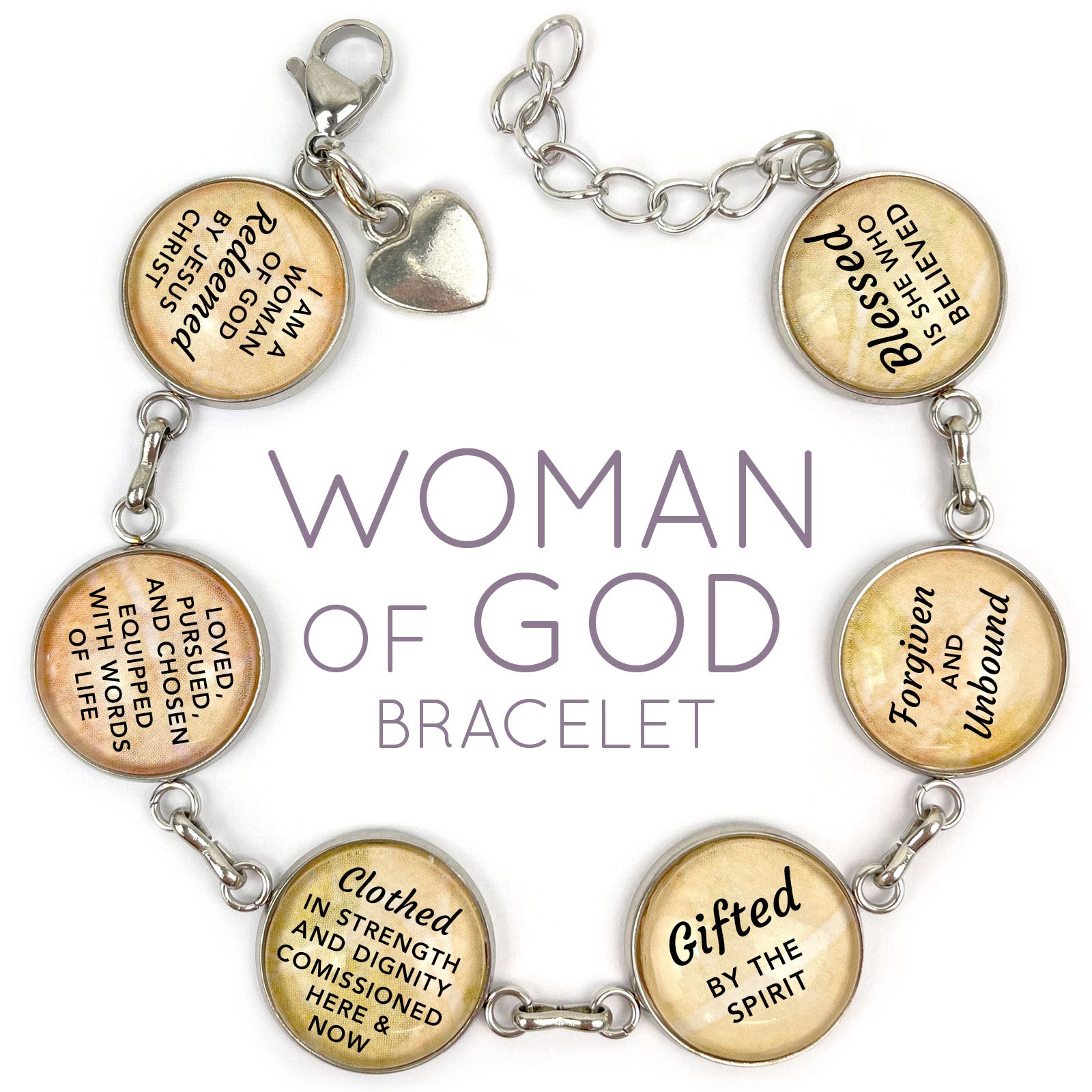 I Am a Woman of God, Forgiven & Unbound – Christian Affirmations Bracelet – Glass Charm Stainless Steel Bracelet