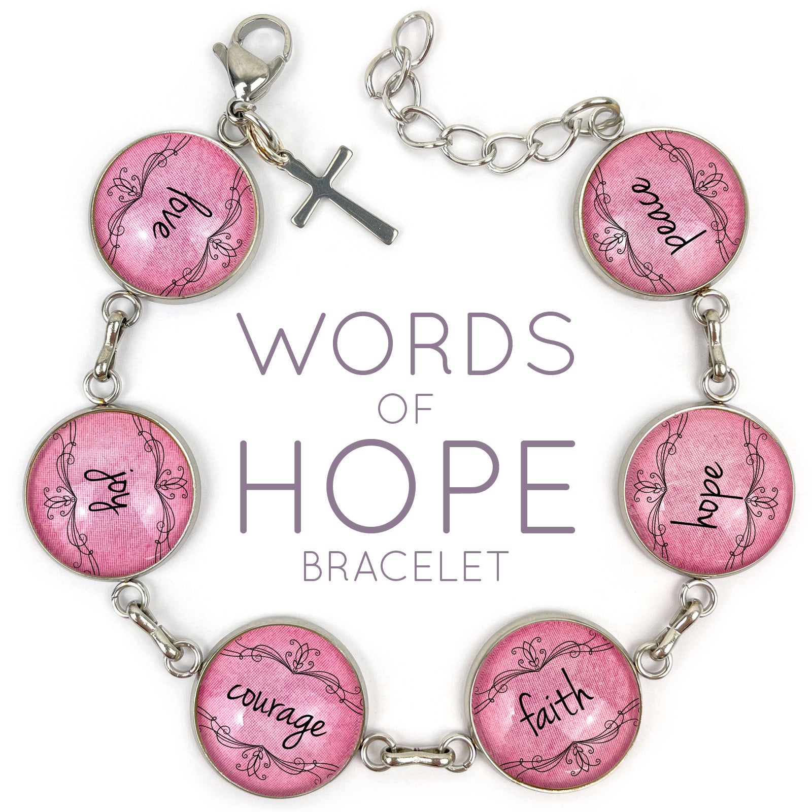 Love, Joy, Courage, Faith, Hope, Peace - Words of Hope Glass Charm Stainless Steel Christian Bracelet, 7.5"-8.75"