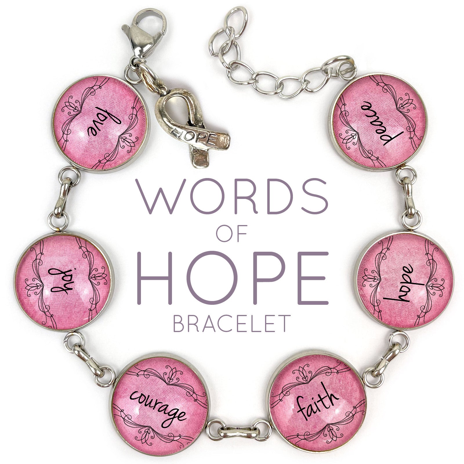 Love, Joy, Courage, Faith, Hope, Peace - Words of Hope Glass Charm Stainless Steel Christian Bracelet, 7.5"-8.75"