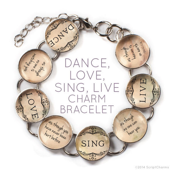 Dance, Love, Sing, Live - Glass Charm Bracelet with Heart Charm