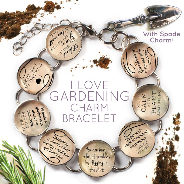 I Love Gardening - Glass Charm Bracelet with Garden Spade Charm
