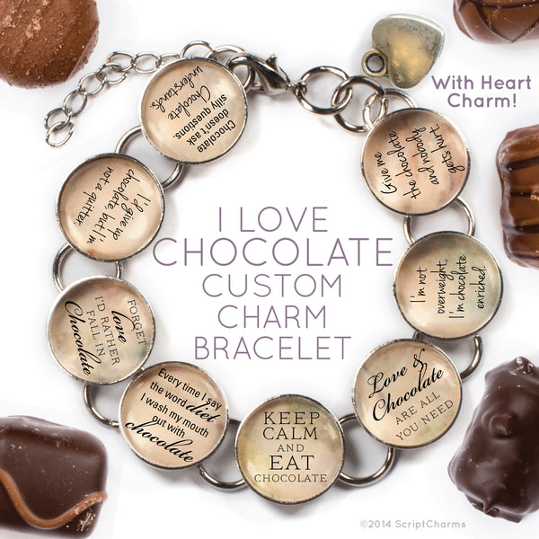 I Love Chocolate - Custom Glass Charm Bracelet with Heart Charm