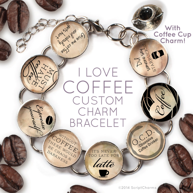 I Love Coffee - Custom Glass Charm Bracelet with Coffee Cup Charm