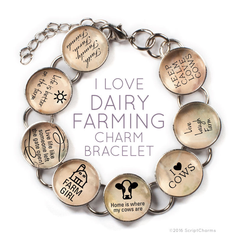 I Love Dairy Farming - Cow Glass Charm Bracelet with Heart Charm
