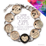 I Love Dogs and I Love Cats - Custom Glass Charm Bracelet with Paw Print Charm