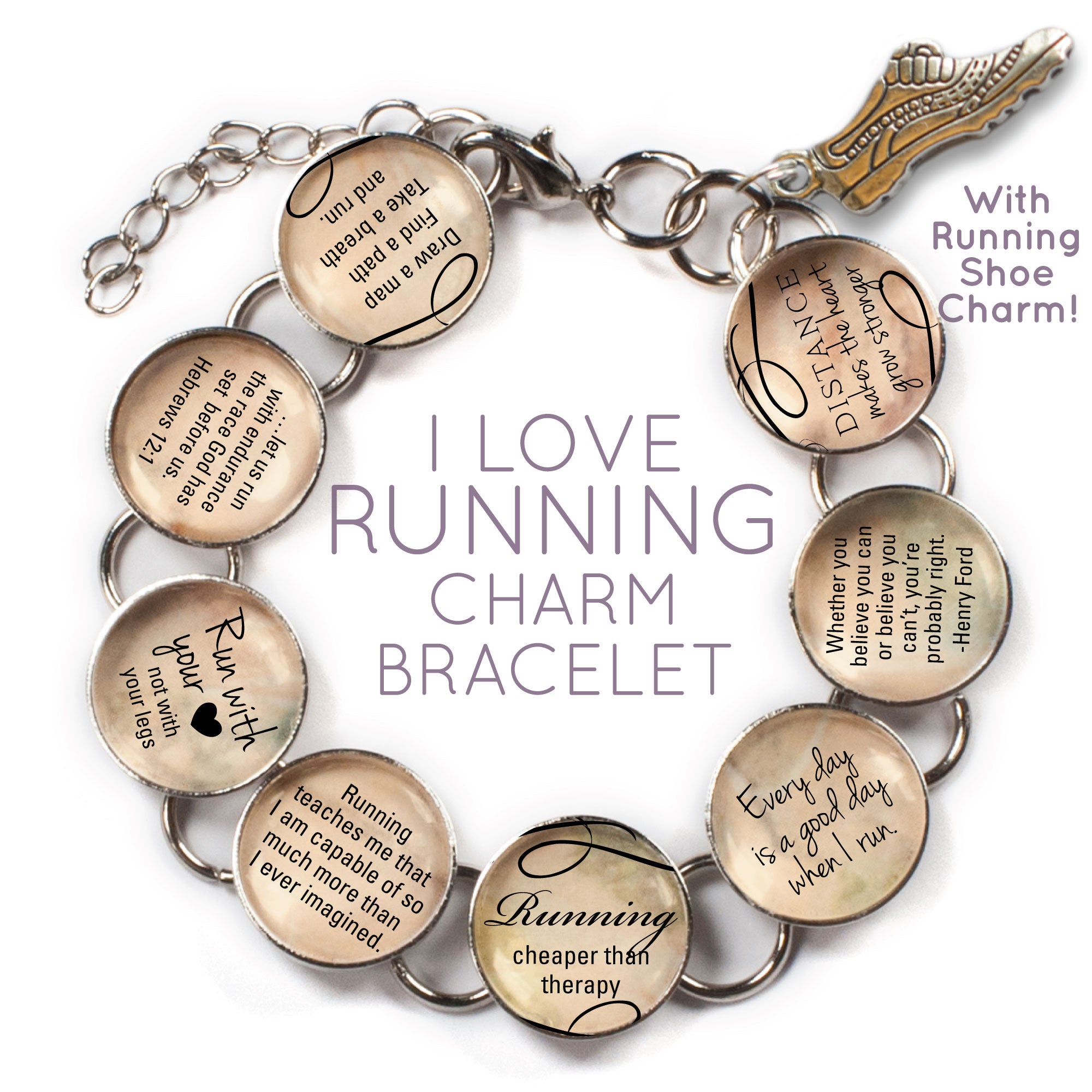 I Love Running - Glass Charm Bracelet with Running Shoe Charm