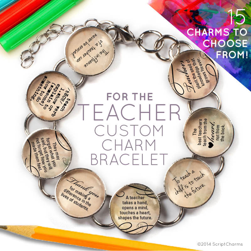 For The Teacher - Custom Glass Charm Bracelet with Apple Charm