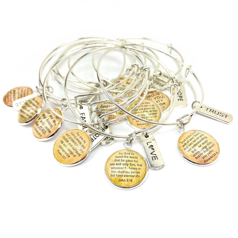 Word and Scripture Charm Bangle Bracelet Stack - Christian Affirmations Jewelry, Silver