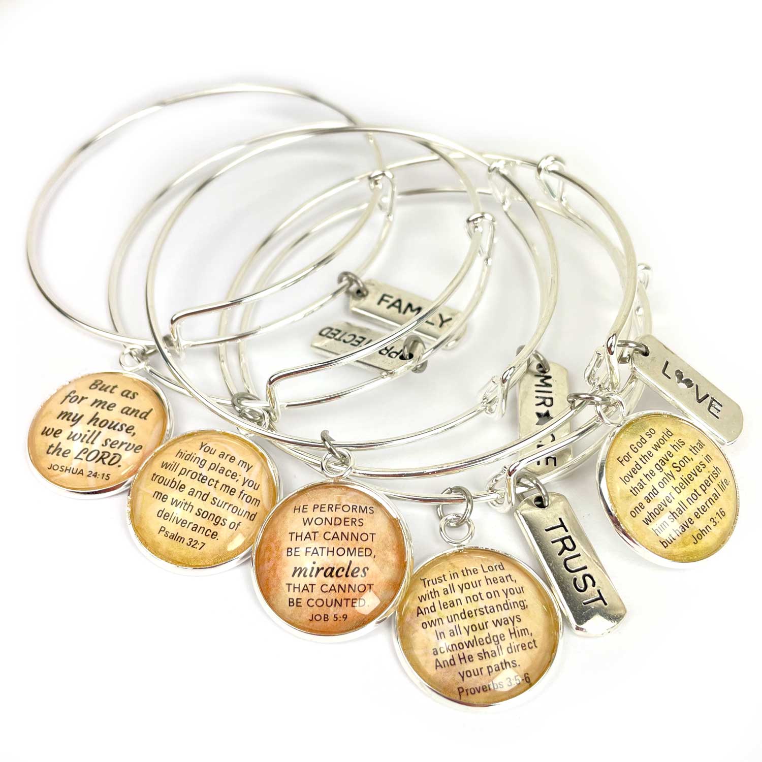 Word and Scripture Charm Bangle Bracelet Stack - Christian Affirmations Jewelry, Silver