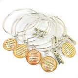 Word and Scripture Charm Bangle Bracelet Stack - Christian Affirmations Jewelry, Silver