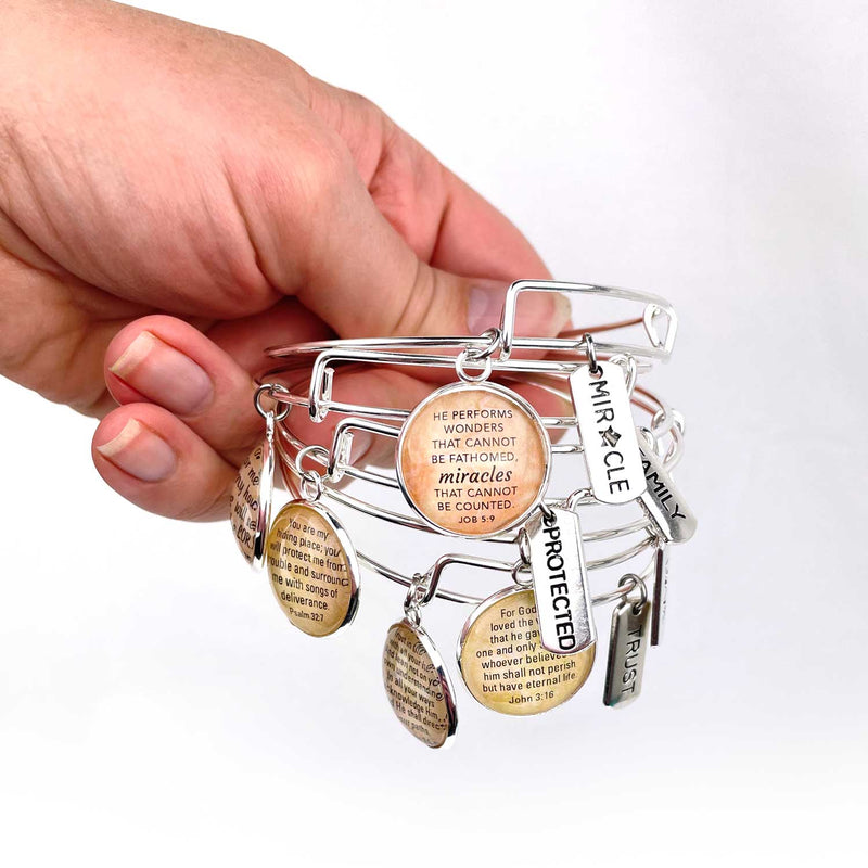 Word and Scripture Charm Bangle Bracelets - Christian Affirmations Jewelry, Silver