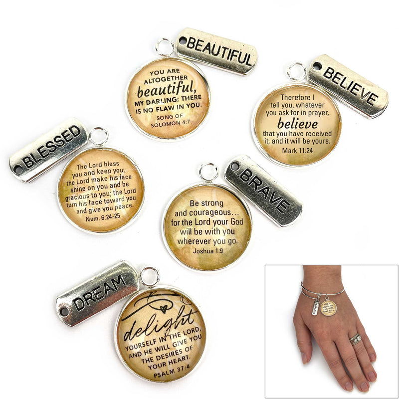 Beautiful, Believe, Blessed, Brave, Dream, Word+Scripture Charm Bangle Bracelet - Christian Affirmations Jewelry, Silver