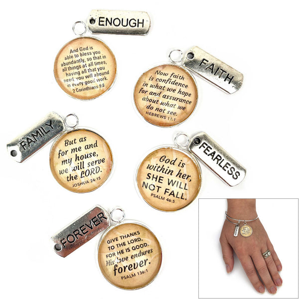 Enough, Faith, Family, Fearless, Forever, Word+Scripture Charm Bangle Bracelet - Christian Affirmations Jewelry, Silver