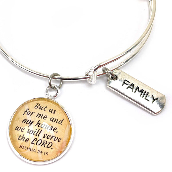 Family and Scripture Charm Bangle Bracelet - Joshua 24:15 Word+Scripture Christian Affirmations Jewelry, Silver