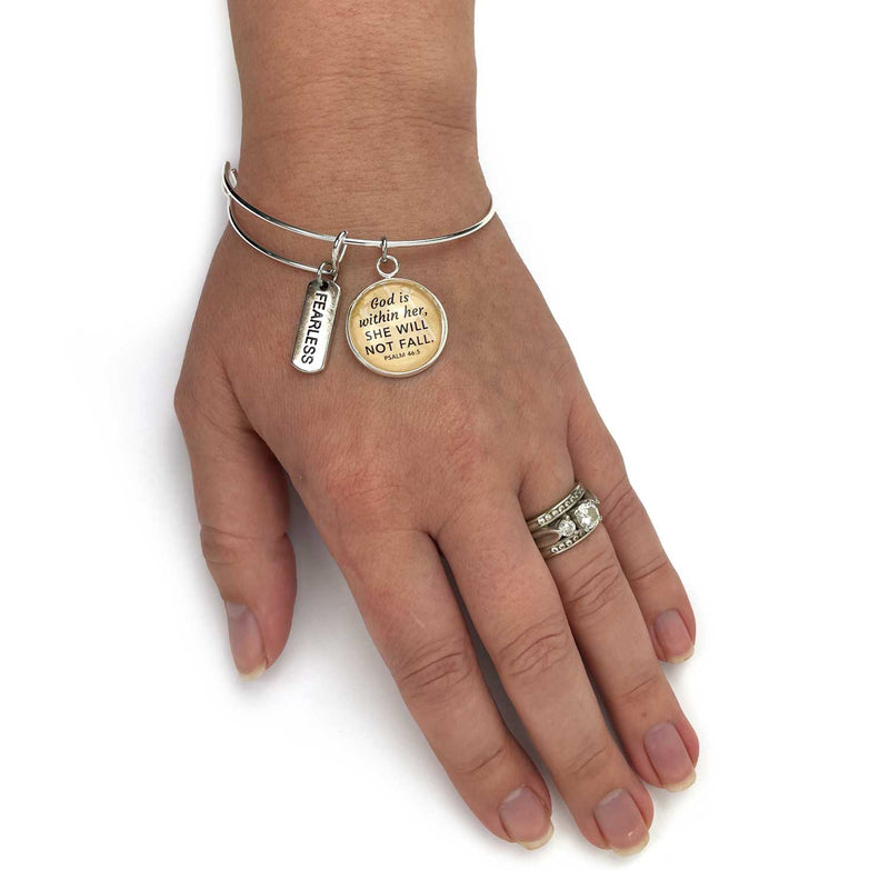 Fearless Word and Scripture Charm Bangle Bracelets - Christian Affirmations Jewelry, Silver
