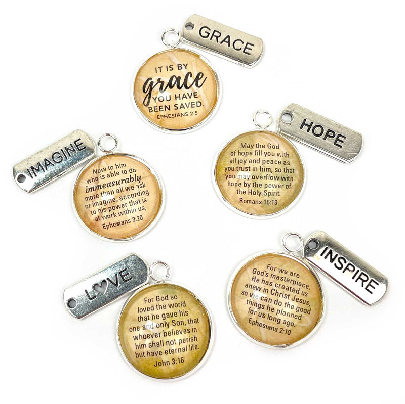 Grace, Hope, Imagine, Inspire, Love, Word and Scripture Charm Bangle Bracelets - Christian Affirmations Jewelry, Silver