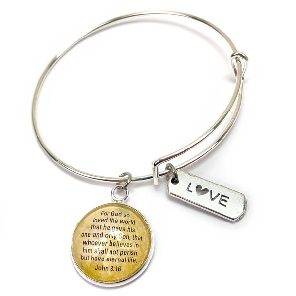 Love and Scripture Charm Bangle Bracelet - John 3:16 Christian Affirmations Jewelry, Silver