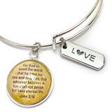 Love and Scripture Charm Bangle Bracelet - John 3:16 Word+Scripture Christian Affirmations Jewelry, Silver